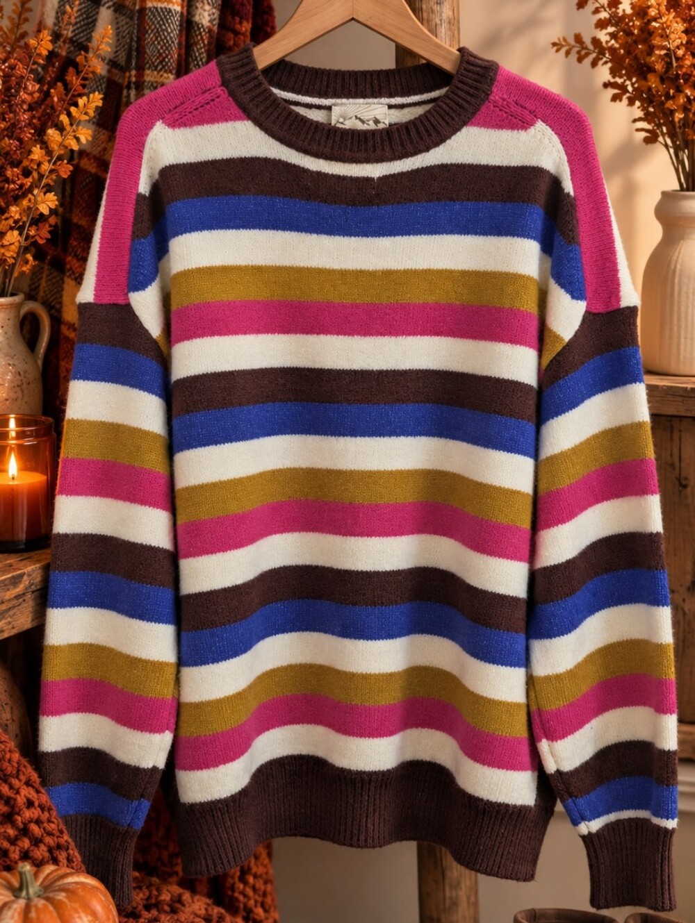 C&C California Striped Crewneck Sweater in Brown, Pink, Blue & Cream Size Large